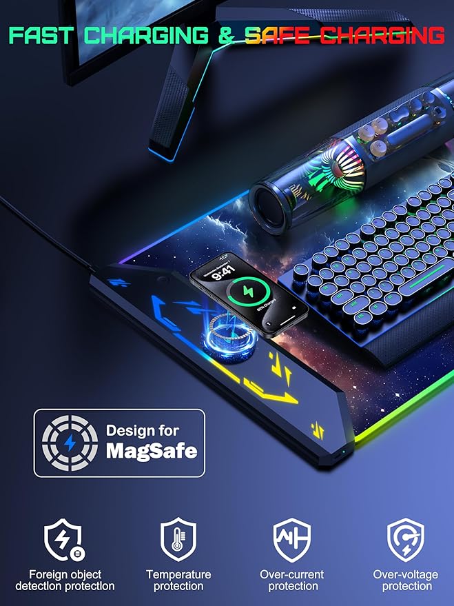 TopMade Wireless Charging Mouse Pad RGB Gaming Mousepad 35.4 x 15.8 Extra Large Waterproof Keyboard Desk Pad Computer Desk Mat Blue Nebula (Includes 20W PD Power Adapter &amp 6.56ft Woven Cable