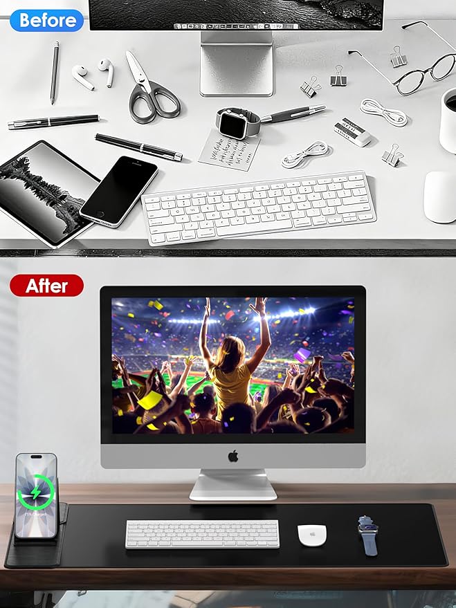 Wireless Charging Mouse Pad with Foldable Phone Holder 15W Magnetic Fast Charging for iPhone Samsung 31.5x15.75 Large Desk Mat for Laptop/Keyboard Waterproof Gaming Mousepad with Non-Slip Base