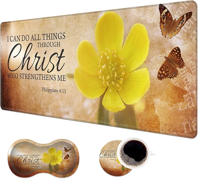 Desk Pad Mat + Wrist Rest Pad + Coasters Set Durable Office Desk Mat 31.5x 11.8 Large Gaming Mouse Pad Extended Non-Slip Rubber Base Keyboard Pad for Laptop &amp Home Bible Verse Philippians 4:1