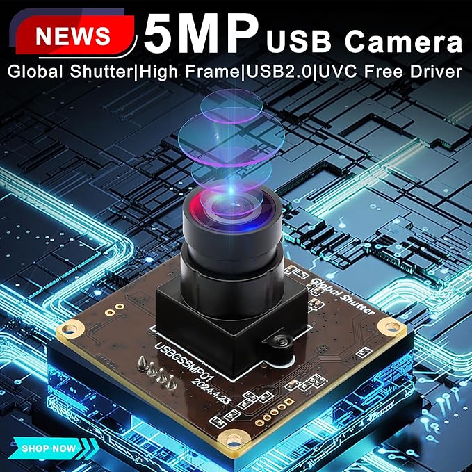 5MP Global Shutter USB Camera Module High Speed 60fps 1080P PC Webcam with No Distortion Lens Lightburn Camera UVC for Computer Laptop Android and Raspberry Pi