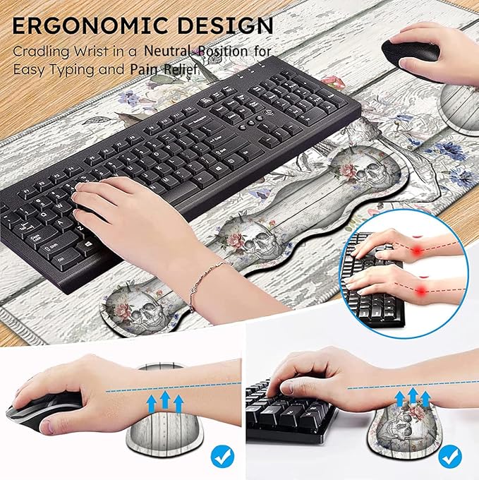 JVGFYNKL White Large Gaming Mouse Pad XXL Extended Ergonomic Memory Foam Keyboard Wrist Rest Stitched Edges Desk Mat(31.5x11.8 in) Skull Skeleton with Flowers on Vintage Wood Desktop Decoration