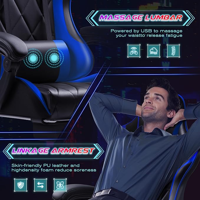Shahoo Gaming Chair with Footrest and Massage Lumbar Support Ergonomic Computer Seat Height Adjustable with 360°Swivel and Headrest Blue