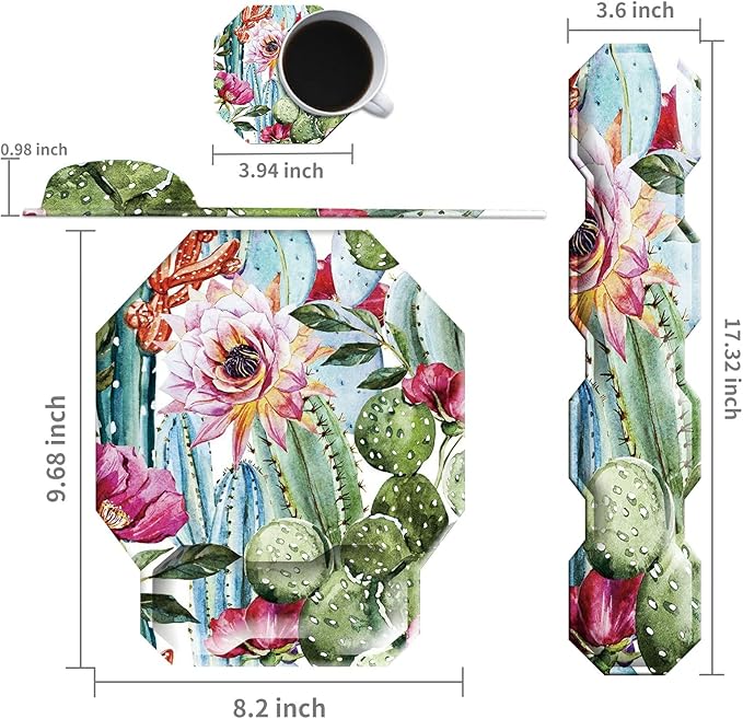 Cactus Succulent Keyboard Wrist Support Pad Mouse Pad with Wrist Rest Matching Coasters Ergonomic Gaming Mousepad Wrist Cushion Gel Memory Foam Easy Typing Pain Relief for Home Office