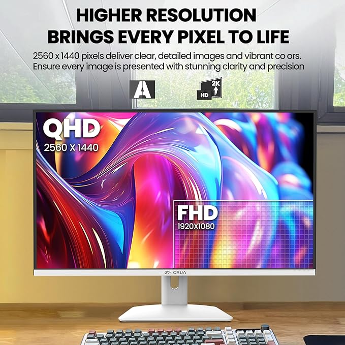 CRUA 32Inch White Monitor QHD (2560X1440P) 75Hz Computer Monitor IPS Screen 120% sRGB Support AMD FreeSync Blue Light Filter HDMI &amp DP Built-in Speakers Wall Mount Installation (75mm*75mm