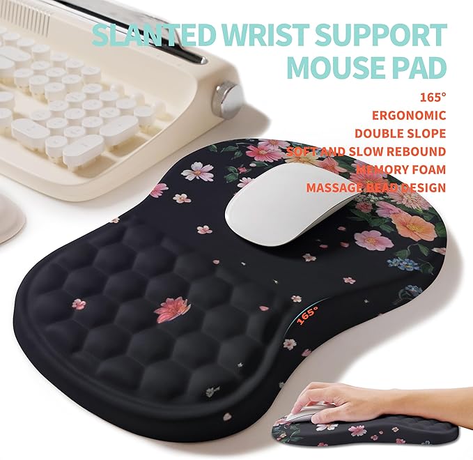 2-in-1 Ergonomic Set Wave Rise Keyboard Wrist Rest and Massage Bulge Slope Mouse Pad Wrist Support Cushion Memory Foam Integrated to Relieve Wrist Pain Flower Dance