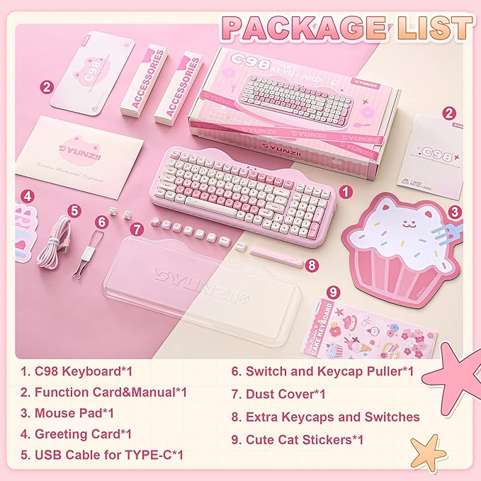 YUNZII C98 Wireless Mechanical Keyboard with Number Pad99 Key BT5.0/2.4G/USB-C Hot Swap Gasket Mount with PBT MOA KeycapsCustom RGBCute Cake Keyboard for Win/Mac (Pink Candy Linear Switch)