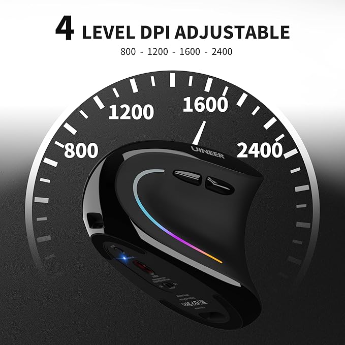 Uineer Ergonomic Mouse Wireless Bluetooth Rechargeable Vertical Mouse 7 Color LED 4 DPI Adjustable USB-A Wrist Strain ReliefOptical Mice for Computer/PC/Laptop Black