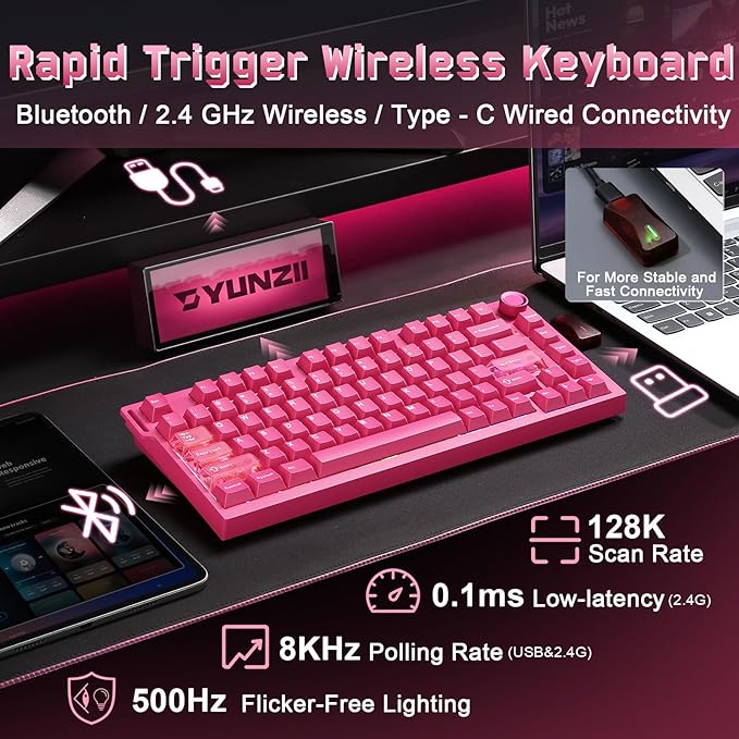 YUNZII RT75 PRO Wireless Gaming KeyboardHall Effect Mechanical Rapid Trigger Magnetic Keyboard Bluetooth/USB-C/2.4G Dual 8KHz Polling Rate &amp128K ScanRGB BacklitTGL/SOCD/DKS/MT (PinkRed Switch)