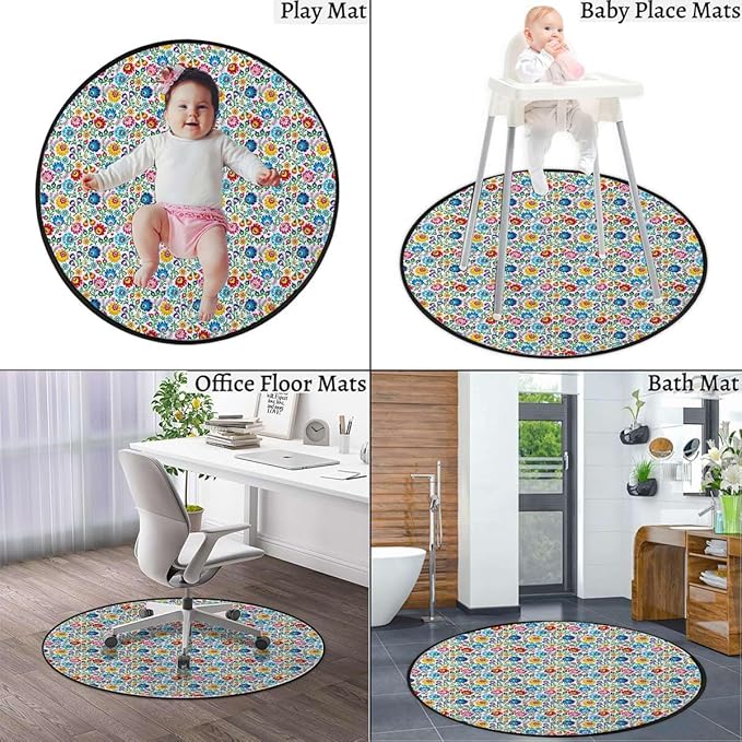 Multi Round mat Washable Desk Chair Mats Low-Pile Carpet for Rolling Chair Decorative Round Rug Multi-Purpose Floor Mat Shabby Chic Botany Florets Watercolor Design Diameter 39.4 in