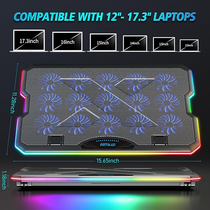 Gaming Laptop Cooling Pad Laptop Cooler with 15 Quiet Fans for 12-17.3 Inch Notebook Slim Portable Laptop Cooling Stand with 7 Height Adjustable 2 USB Ports Phone Stand