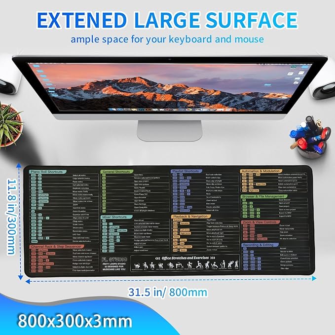 FL Studio Mousepad Extra Large Fruity Loops Studio Shortcuts Mouse Pad Large Gaming Desk Mat Stitched Edges Non-Slip Rubber Base Desk Pad for Computers Laptop (FL Studio)