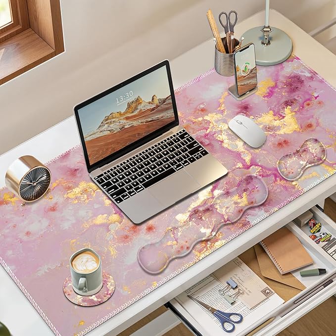 Gaming Mouse Pad Keyboard Wrist Support 4 in1 Mousepad Set with Wrist Keyboard Rest Computer Desk Mat Non-Slip Desk Pad Protector with Memory Foam Easy Typing Pain Relief I Nice Pink Marble