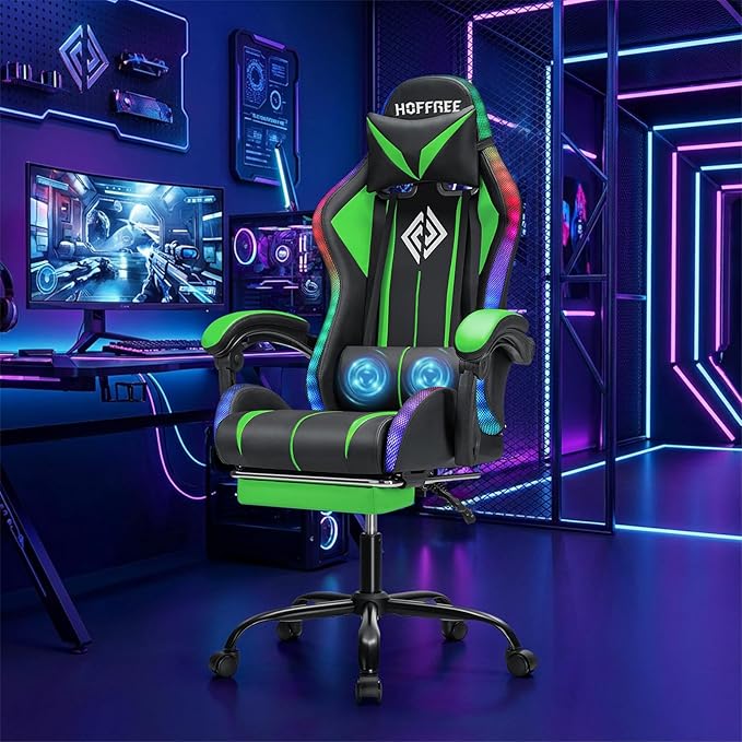 Gaming Chair Massage with LED RGB Lights and Footrest Ergonomic Computer Chair High Back Video Game Chair with Adjustable Lumbar Support Linkage Armrest Green and Black