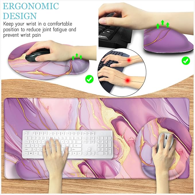 Marble Mouse Pad Set Large Desk Matt for Desktop Ergonomic Mouse Pad with Wrist Rest for Gaming Wrist Support Keyboard Mat Cup Coaster Set Office Desk Decor Accessories