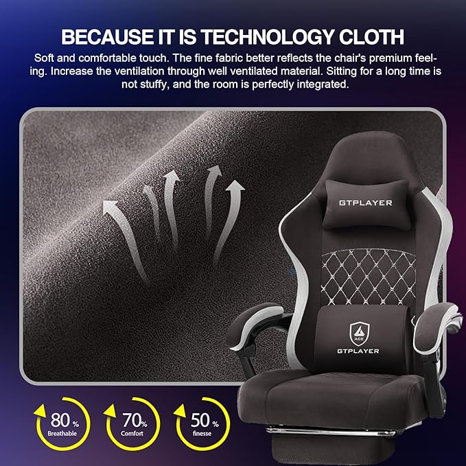 GTPLAYER Gaming Chair with Footrest Fabric Office Chair with Pocket Spring Cushion and Linkage Armrests High Back Ergonomic Computer Chair with Lumbar Support Task Chair Brown