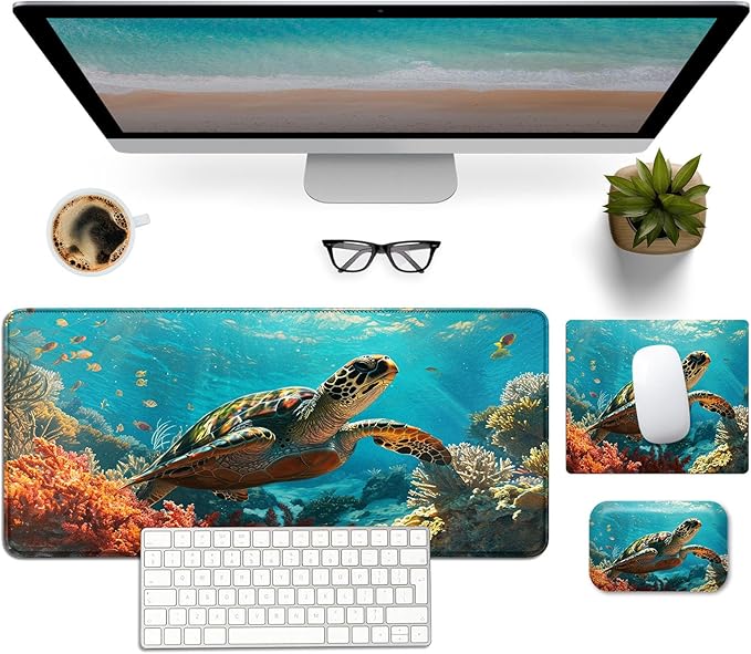 Mouse Pad Desk Mat Ergonomic Wrist Support Pad SetMouse Wrist Rest Keyboard Pad with Stitched Edges and Non Slip Base-Sea Turtle