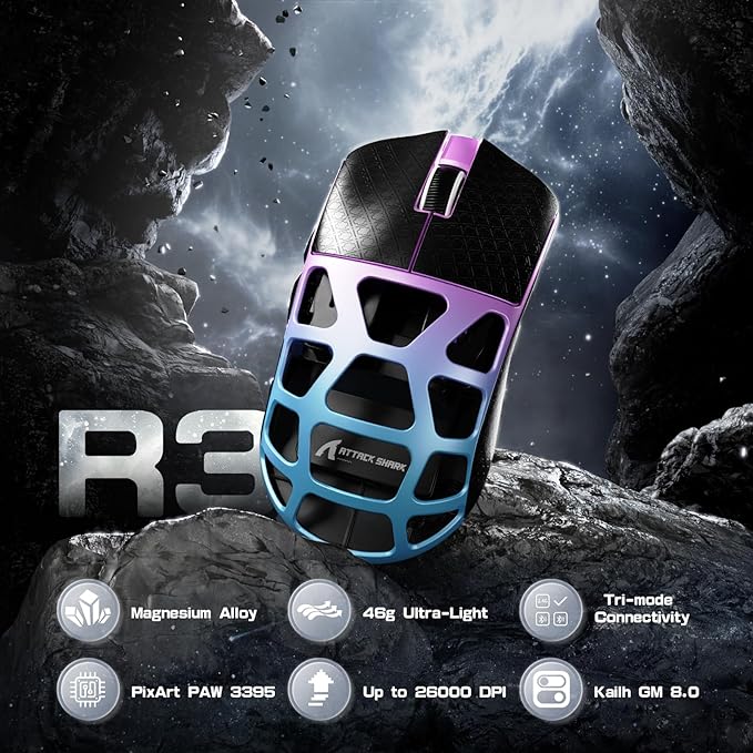 FELICON x Attack Shark R3 Magnesium Alloy Wireless Gaming Mouse 46g Ultra-Lightweight Skeletal Shell PAW3395 26K DPI 8K Polling Tri-Mode 2.4G/BT/Wired for PC Mac Laptop - Purple &amp Griptape