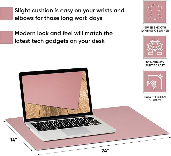 24 x 14 Leather Desk Pad - SKIDSTOP™ Ultra Smooth Executive Blotter and Protective Mat Large Mouse Pad for Office School Home Remote Business – Light Pink