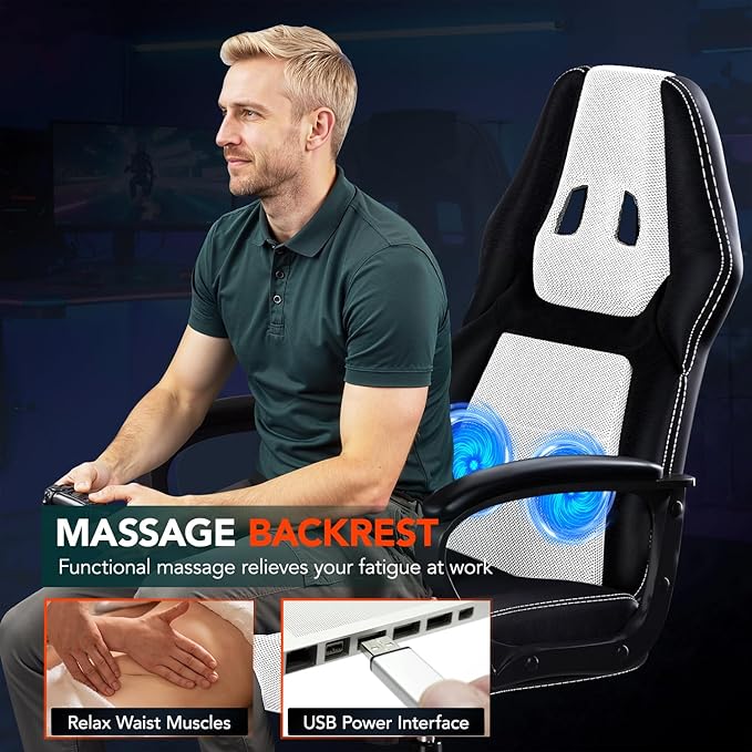 BestOffice Gaming Chair with Massage Ergonomic Office Desk Chair Adjustable Lumbar Support &amp HeadrestComputer Task Chair 360° Swivel for Adults (White)