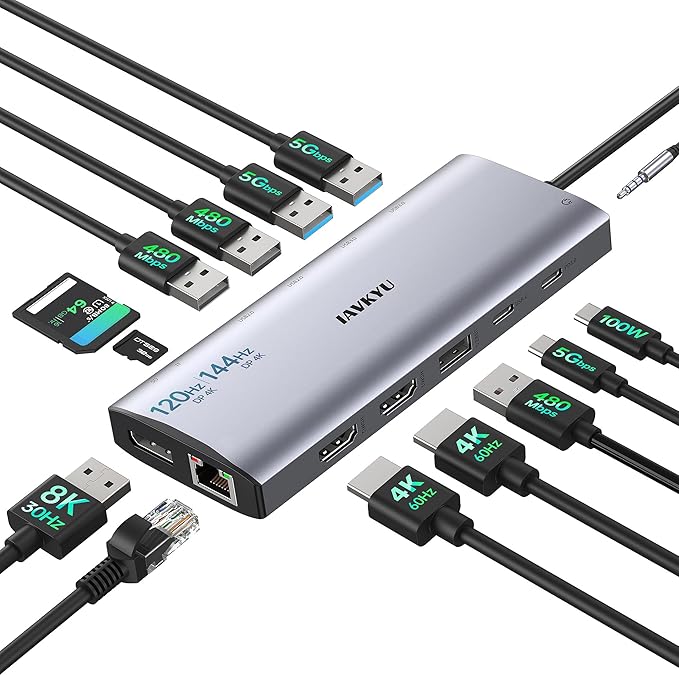 Triple Monitor Docking Station 14-in-1 USB C Hub with DP 8K@30Hz/4K@144Hz Dual HDMI 4K@60Hz 100W PD 7 USB Ports SD/TF Card Reader Gigabit Ethernet for MacBook &amp Windows Laptop