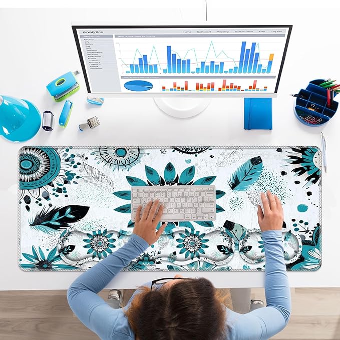 Keyboard Wrist Rest SetMemory Foam Wrist Support Mouse Pad31.5x11.8 Desk Mat for Comfortable Typing &amp Pain ReliefNon-Slip Base for Office &amp Home Use - Floral Feather