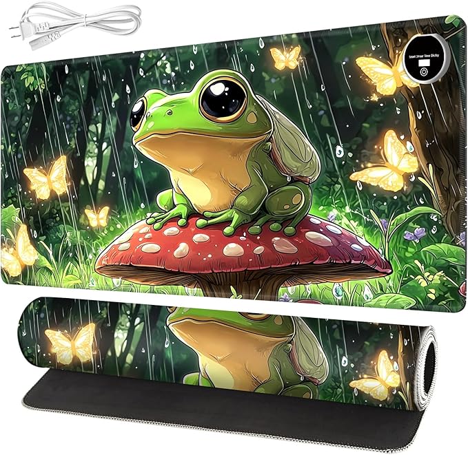 Warm Desk PadHeated Desk Pad Mouse Mat Gamingwith 3 Heating Levels &amp 3 Hours Auto Shut-OffLeather 31.5 x 13 Foot Warmer Keyboard Office MatCute Frog Mushroom