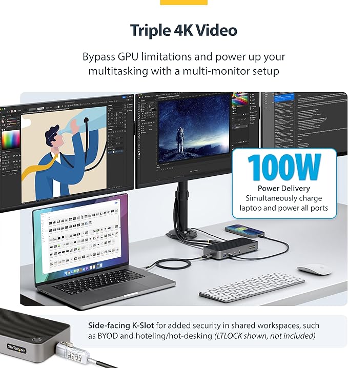 StarTech.com USB-C Triple Monitor Docking Station for MacBook Pro / Air M1 M2 M3 M4 &amp Windows Universal 4K HDMI DP Dock Thunderbolt Compatible 100W Laptop Charging (116N-USBC-DOCK)