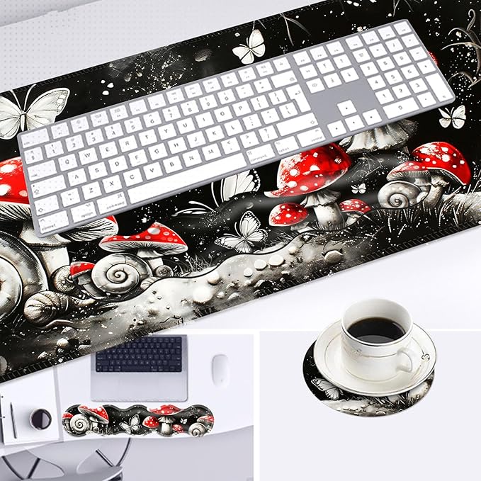 Large Mouse Pad and Keyboard Wrist Rest Desk Pad for Keyboard and Mouse 4-in-1 Large Gaming Mouse Pad with Wrist Support Desk Mat for Home Office Study GameMushrooms Snails Butterflies