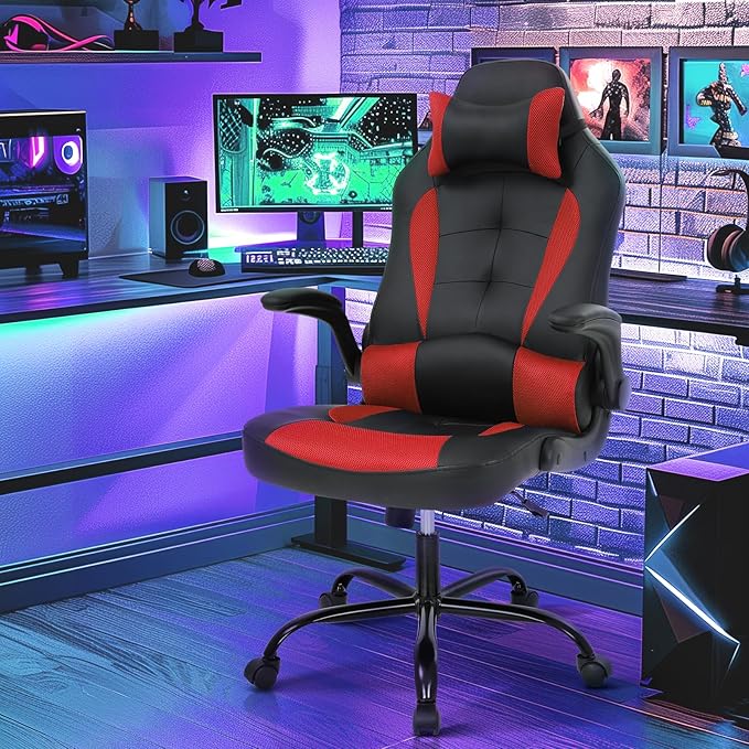 PC Gaming Chair - Ergonomic PC Office Chair w/Adjustable Lumbar Support &amp Headrest High Back PU Leather Computer Desk Chair for Adults (350lbs Capacity) (Red)