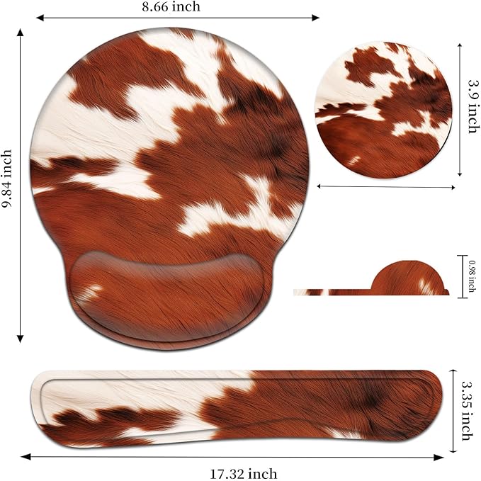 Keyboard Wrist Rest and Mouse Pad Wrist Support Set with CoasterComfortable for Easy TypingPain ReliefMemory Foam Keyboard Pad Set for Laptop MacCowhide Farm Animal Skin Leopard Brown Cow