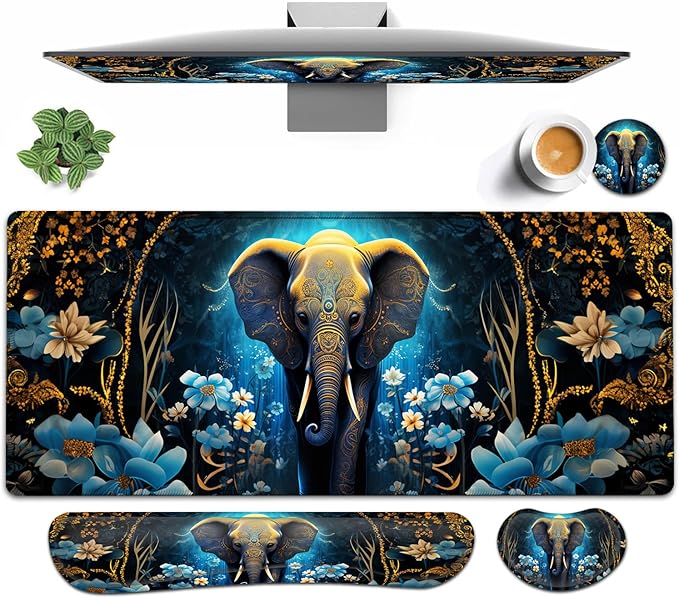 Large Mouse pad and Keyboard Support Set Ergonomic Memory Foam Keyboard Wrist Rest Extended Gaming Mouse Pad with Stitched Edges Flowers Ornate Elephant XXL Desk Mat (31.5 X 11.8 in)