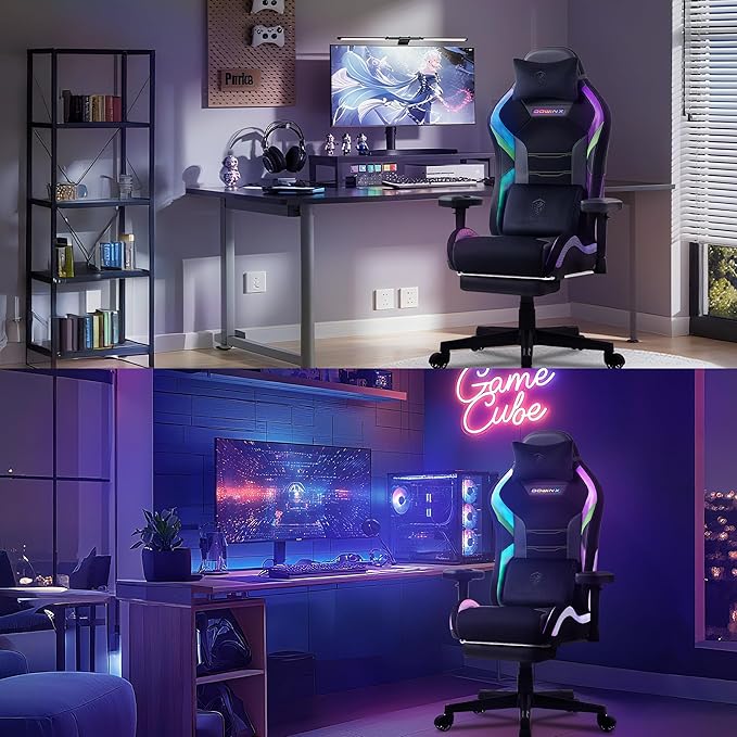Dowinx Gaming Chair with RGB LED Lights Ergonomic Game Chair with Footrest Massage Lumbar Support Computer Gamer Chair for Adults Teens Black Green