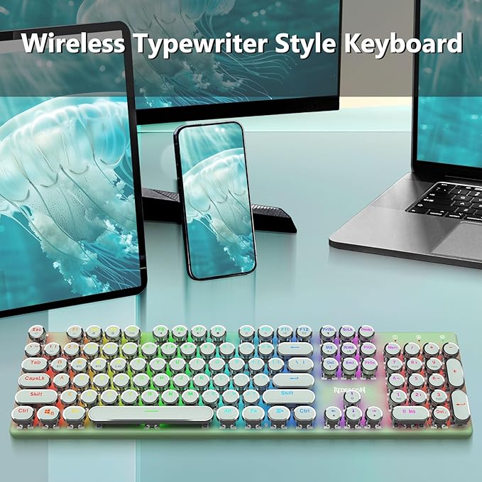Redragon K710 Wireless Typewriter Mechanical Gaming Keyboard Bluetooth/2.4Ghz/Wired RGB Led Backlit Blue Switch - Clicky Rechargeable Solid Metal Panel Round Keycaps Green