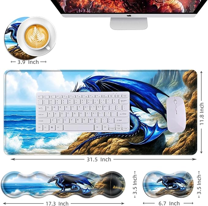 Mouse PadLarge Desk Mat Set 4in1 XL Mousepad + Keyboard Wrist Rest+Mouse Wrist Rest+Coaster with Ergonomic Desk Pad for Home Office Table Computer Cover -Blue Dragon on Seaside Rocks