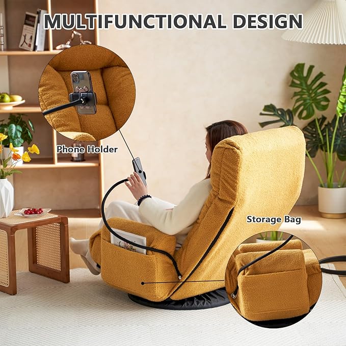 360-Degree Swivel Floor Chair with 5-Position Folding Design Adjustable Headrest Waist Support Armrests and Phone Holder for Living Room (Yeiiow+Teddy Fleece)