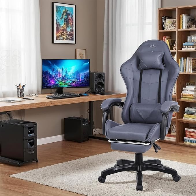 High-Back PC Gaming Chair Office Chair Desk Task Chair Computer Racing Chair PU Ergonomic Executive Swivel Rolling Chair with Lumbar Support for Women Men (Grey)