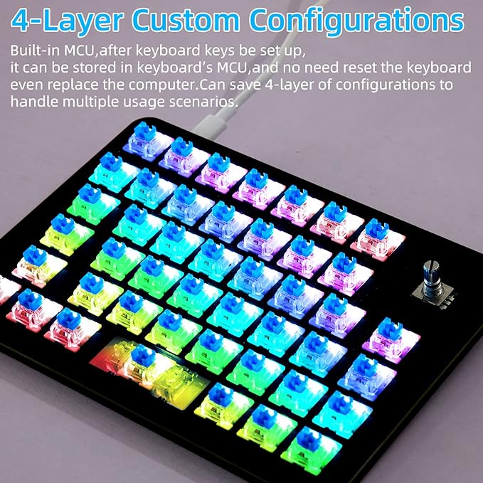 Koolertron One Handed Mechanical Gaming Keyboard 45-Key Fully Programmable Mini Keypad Mini USB Macro Keyboard with Rotating Knob RGB Backlit Red Switches for Windows PC Gamers