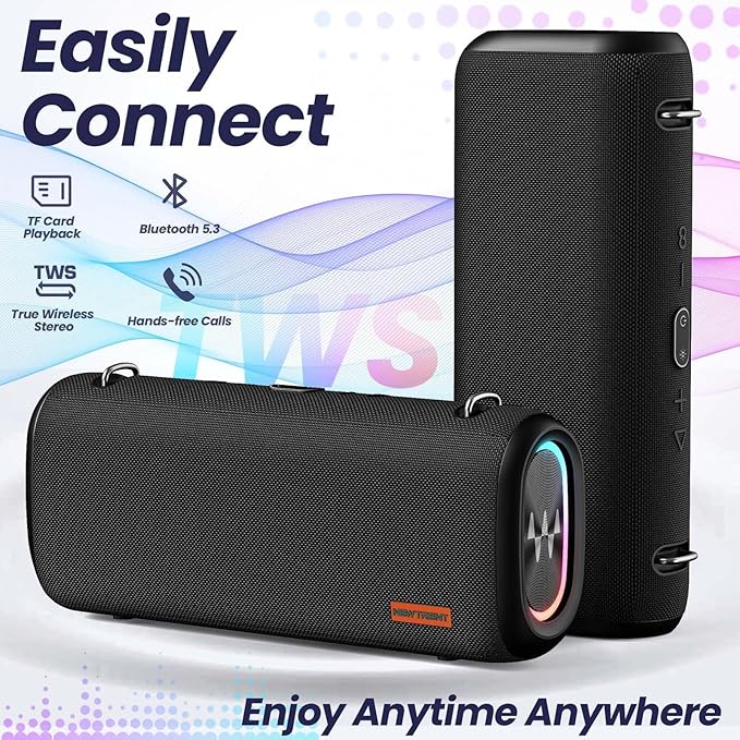 New Trent Vibe Pro Outdoor Bluetooth Speaker 80W Peak Loud Portable Wireless Speaker Waterproof IPX65 Deep Bass RGB Lights Studio Quality Sound Powered by Waves Audio Party &amp Pool Ready (Bla