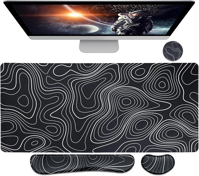 Bloss Large Gaming Mouse Pad XL Desk Mat 4-in-1 Mouse Pad with Wrist Rest Large Desk Pad Keyboard Pad for Office/Home-Black and White Topography (31.5 x 15.7 x 0.12 Inches)