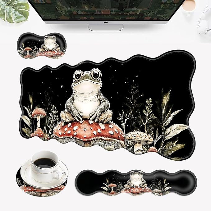 Desk Mat Mouse Pad with Wrist Rest 4-in-1 Large Mouse Pads for Desk Ergonomic Mouse Pad and Keyboard Wrist Rest Gaming Keyboard Mat for OfficeFrog on Mushroom
