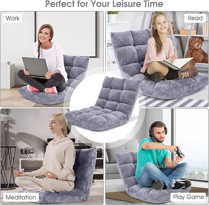 SlickBlue Adjustable Floor Chair with 14 Positions Thick Padded Cushion for Living Room