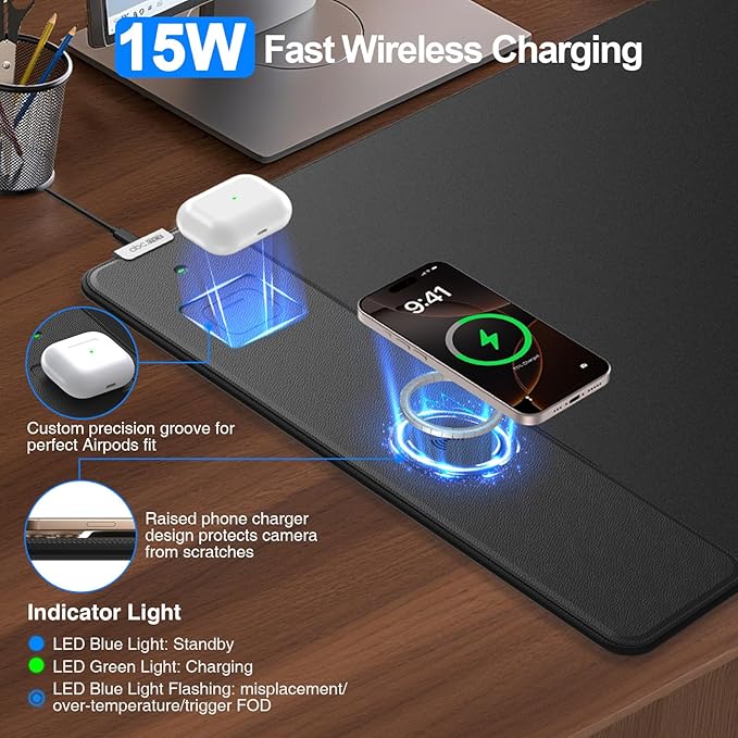 Magnetic Wireless Charging Mouse Pad 31.5x15.8 Large Gaming Desk Mat for Keyboard/Laptop Non-Slip Base &amp 20W PD Adapter Waterproof Ultra-Smooth Surface Mousepad for Gamer Office &amp Home