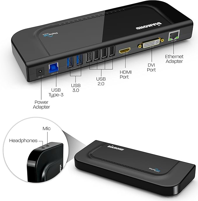 Diamond Multimedia Dual Video Output USB 3.0/2.0 Universal Docking Station with Gigabit Ethernet HDMI DVI Audio for Windows 11 MacOS and Android 5.0+. Display Link Certified DL-3900 Chip
