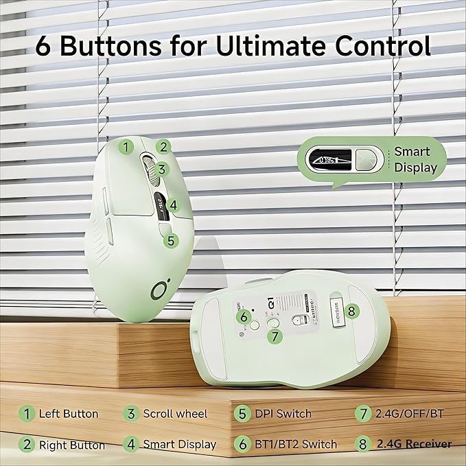 EWEADN Q1 Wireless Mouse BT &amp 2.4G Silent Mouse Quiet Click with 1600 DPI Levels Battery &amp DPI LED Screen Display 6 Button Small Portable Bluetooth Mouse for Laptop/PC/Mac-Green