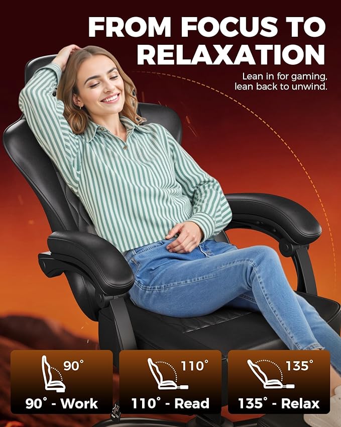GTPLAYER Big and Tall Gaming Chair with Footrest Ergonomic Office Desk Chair with 4.4in Thick Cushion and Wide Wingless Seat Comfortable Leather Computer Chair Predator Series Black with Trim