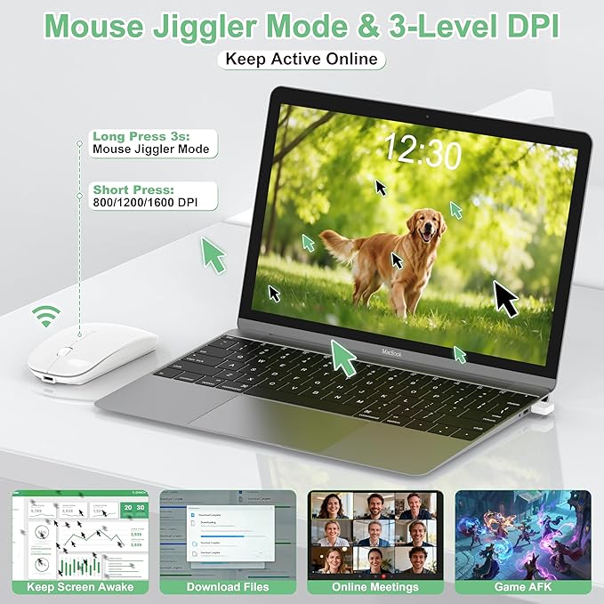Wireless Mouse for Laptop/MacBook Air/Pro &amp iPad Mouse Jiggler Mode Bluetooth 5.2/2.4G Rechargeable Silent Click 3-Level DPI Slim Portable USB-A&ampC Receiver (Mouse Jiggler Mode White)