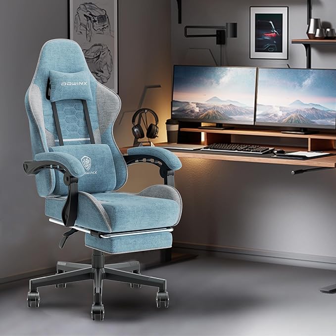 Dowinx Gaming Chair Fabric with Pocket Spring Cushion Massage Game Chair Cloth with Headrest Ergonomic Computer Chair with Footrest 290LBS Blue and Grey