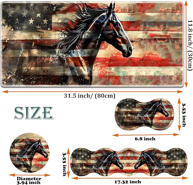 Large Gaming Mouse Pad + Keyboard Wrist Rest + Wrist Support + Coaster Set Memory Foam Ergonomic for Easy Typing XXL Extended Gaming Mouse Pad Table Pad - Flag Horse American