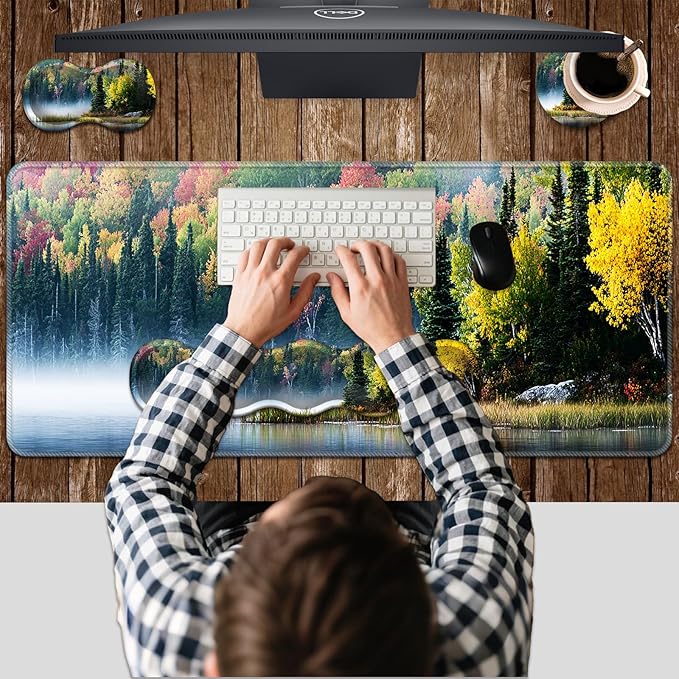 Ergonomic Keyboard Wrist Rest &amp Mouse Pad Wrist Rest SetXL Gaming Desk Mat 31.5x 11.8Non-Slip BaseMemory FoamEasy Typing Pain Relief for Office &amp HomeBird on Lake with Forest