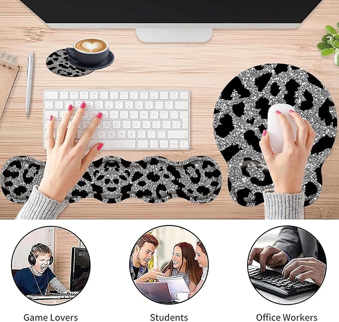 3 in 1 Keyboard Wrist Rest + Mouse Pad and Coaster Ergonomic Gel Mouse Pad and Keyboard Pad Set Comfortable Lightweight for Easy Typing Pain Relie Leopard Print Pattern